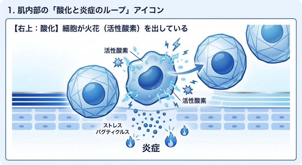細胞内部で活性酸素が発生し、火花のように酸化ストレスが生じている拡大図