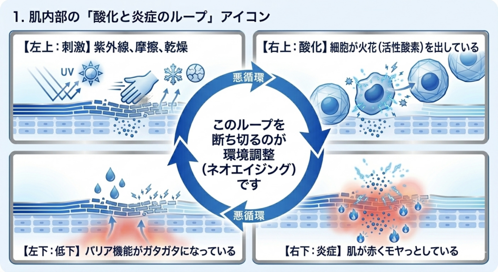 刺激・酸化・炎症・バリア低下が繰り返される「酸化と炎症の悪循環」の全体構造図