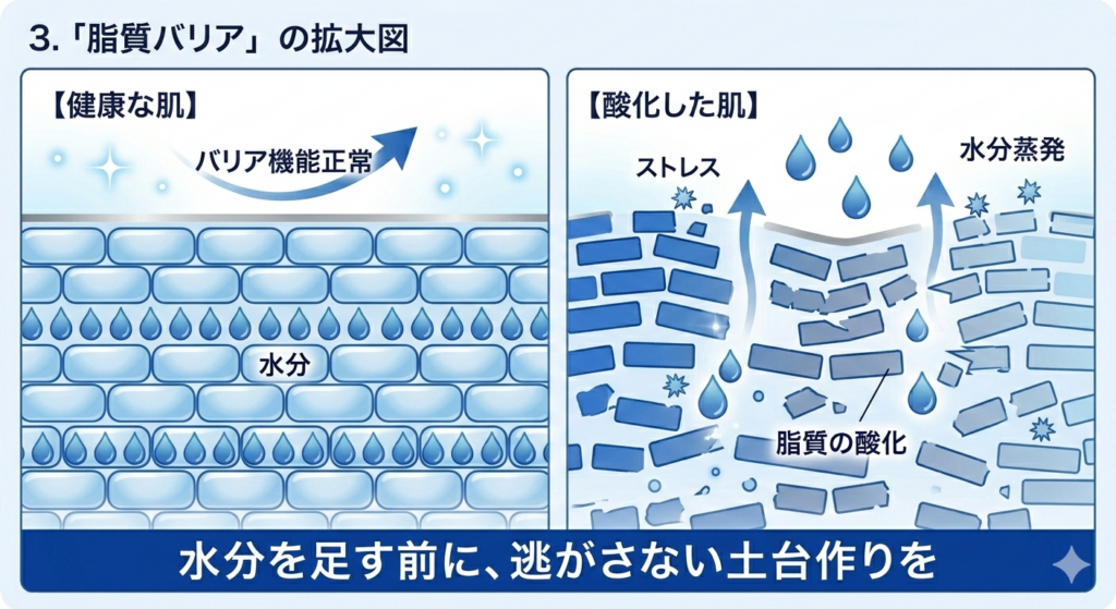 健康な肌と酸化した肌の比較図:脂質の酸化によりバリア機能が崩れ水分が蒸発する様子